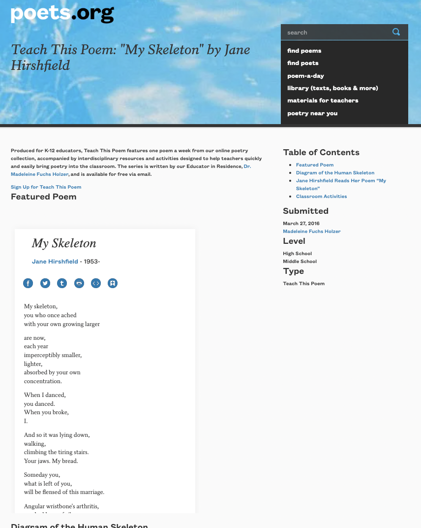 Teach This Poem: "My Skeleton" by Jane Hirshfield Lesson Plan