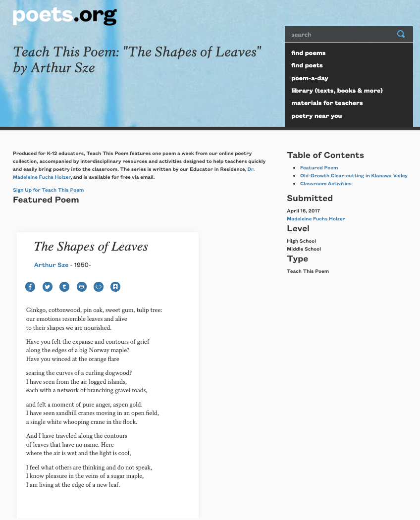 Teach This Poem: "The Shapes of Leaves" by Arthur Sze Lesson Plan
