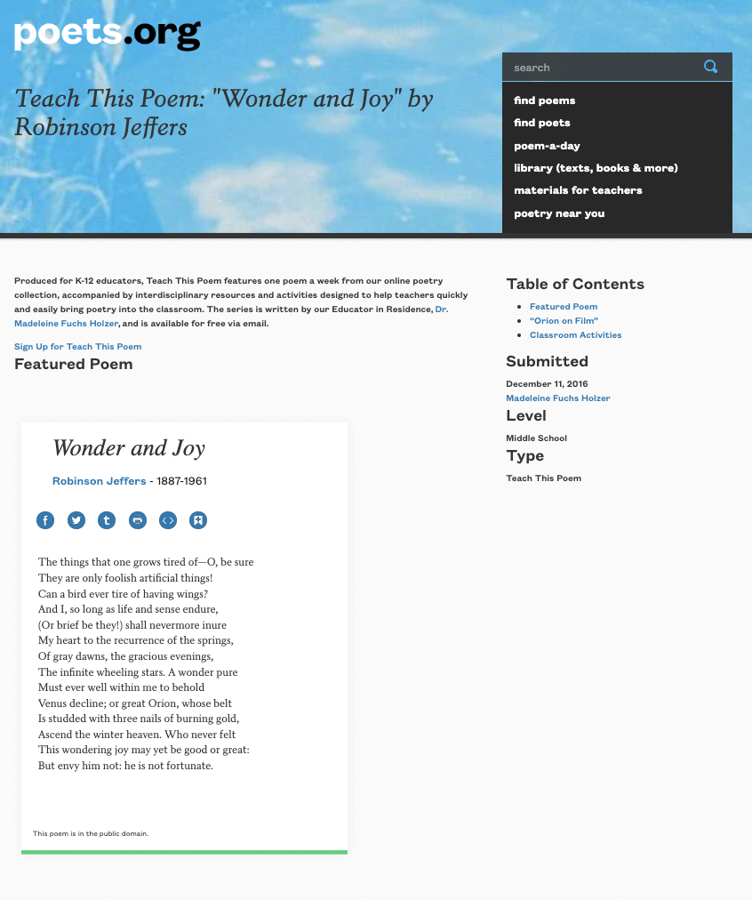Teach This Poem: "Wonder and Joy" by Robinson Jeffers Lesson Plan