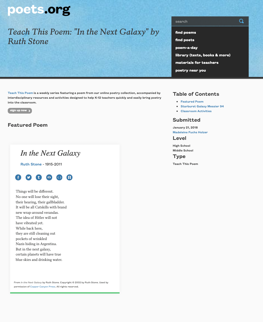 Teach This Poem: "In the Next Galaxy" by Ruth Stone Lesson Plan