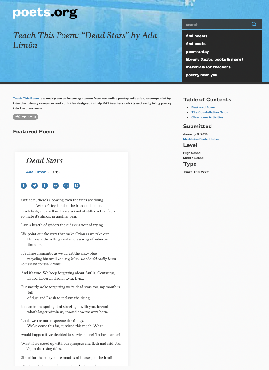 Teach This Poem: “Dead Stars” by Ada Limón Lesson Plan