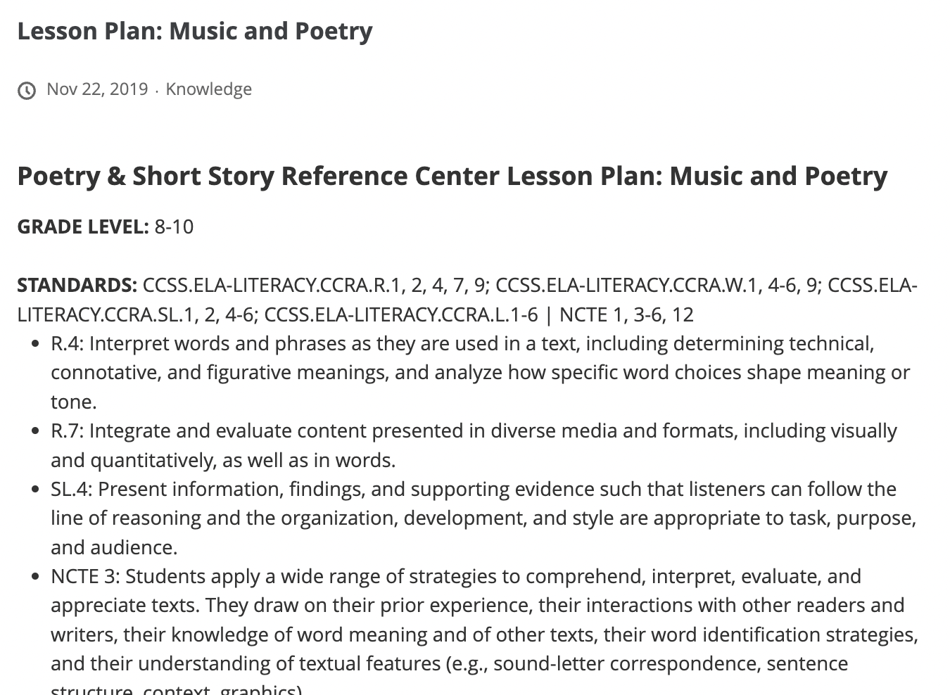 Music and Poetry Lesson Plan
