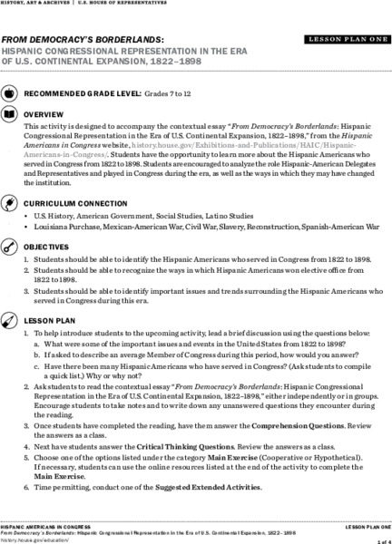 Hispanic Congressional Representation in the Era of U.S. Continental Expansion, 1822–1898 Lesson Plan