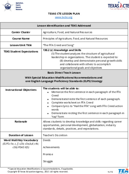 The FFA Creed and Song Lesson Plan