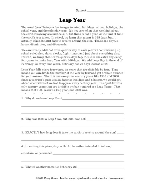 Leap Year Worksheet