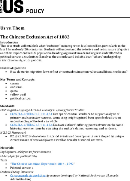 Us vs. Them: The Chinese Exclusion Act of 1882 Lesson Plan