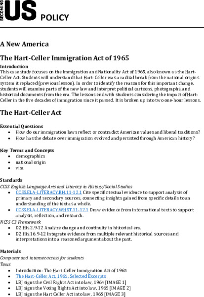 A New America: The Hart-Celler Immigration Act of 1965 Lesson Plan