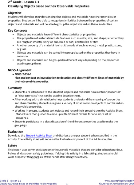 Classifying Objects Based on their Observable Properties Lesson Plan