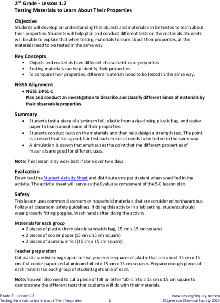 Testing Materials to Learn About Their Properties Lesson Plan