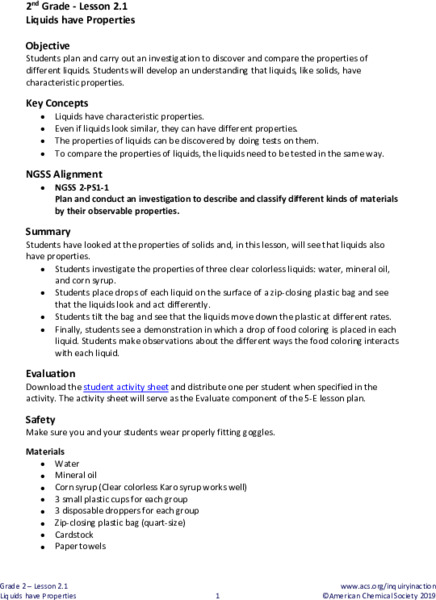 Liquids Have Properties Lesson Plan