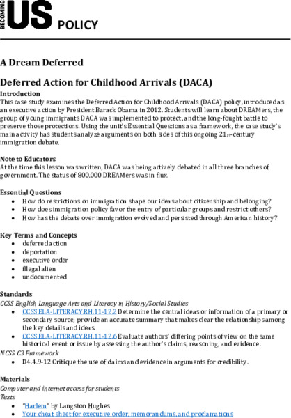 A Dream Deferred: DACA Lesson Plan
