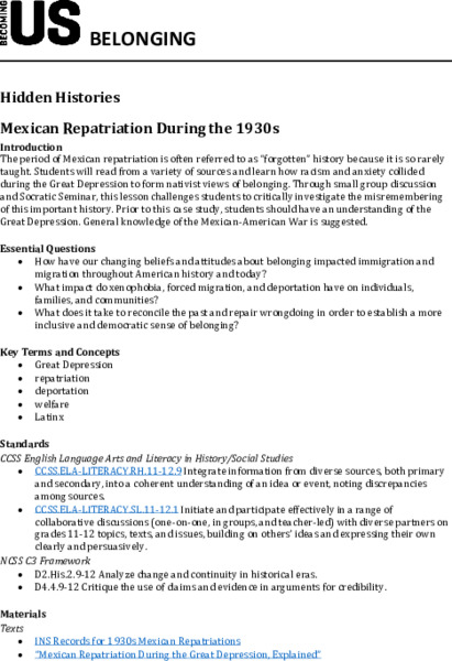 Hidden Histories: Mexican Repatriation During the 1930s Lesson Plan