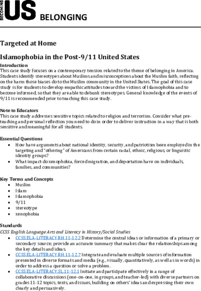 Targeted at Home: Islamophobia Lesson Plan