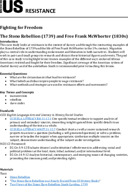 Fighting For Freedom: The Stono Rebellion and Free Frank McWhorter Lesson Plan