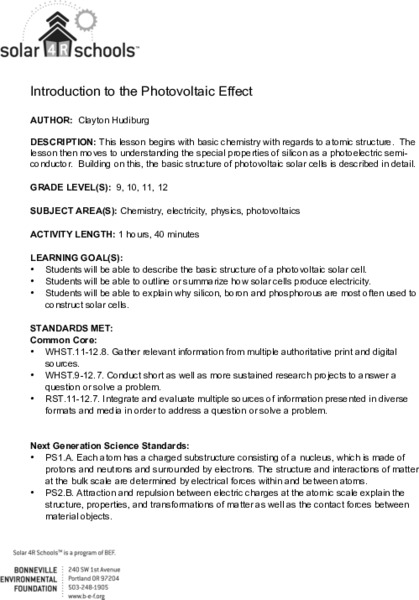 Introduction to the Photovoltaic Effect Lesson Plan