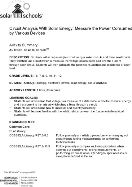 Circuit Analysis With Solar Energy: Measure the Power Consumed by Various Devices Lesson Plan