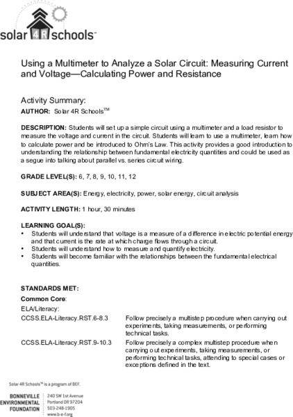 Using a Multimeter to Analyze a Solar Circuit: Measuring Current and Voltage—Calculating Power and Resistance Lesson Plan