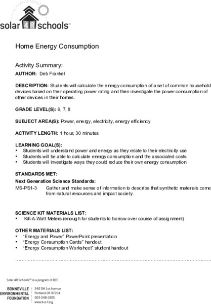 Home Energy Consumption Lesson Plan