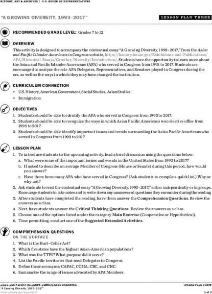 A Growing Diversity, 1993–2017 Lesson Plan