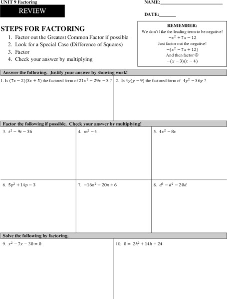Unit 9 Review: Factoring Worksheet