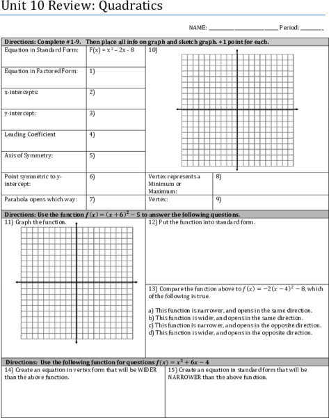 Unit 10 Review: Quadratics Worksheet