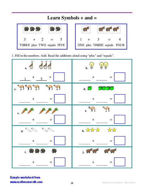Learn Symbols + and = Worksheet