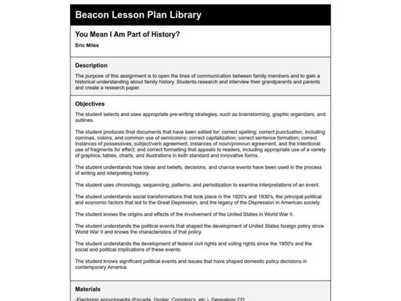You Mean I Am Part of History? Lesson Plan