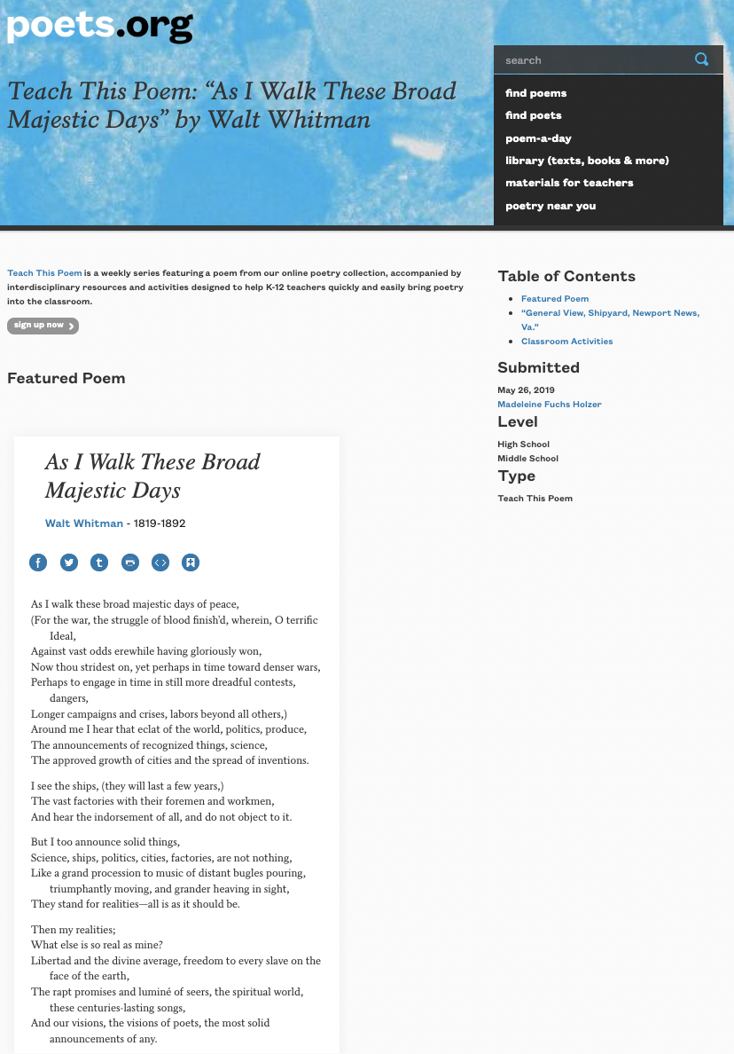 Teach This Poem: “As I Walk These Broad Majestic Days” by Walt Whitman Lesson Plan