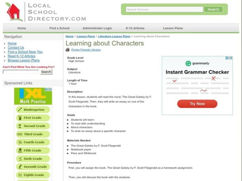 Learning about Characters Lesson Plan