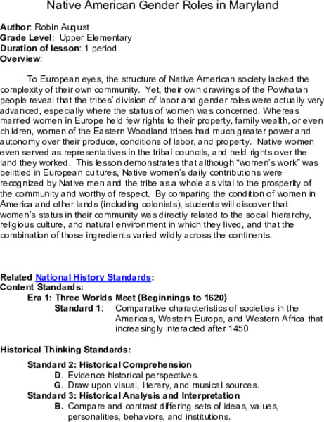 Native American Gender Roles in Maryland Lesson Plan