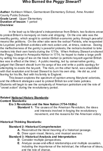 Who Burned the Peggy Stewart? Lesson Plan