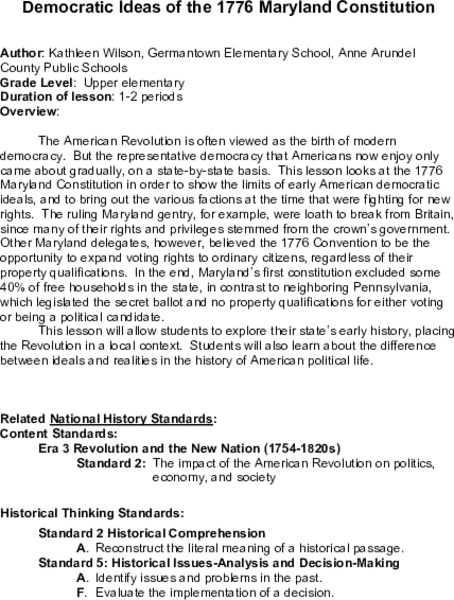 Democratic Ideas of the 1776 Maryland Constitution Lesson Plan