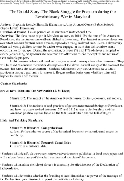 The Untold Story: The Black Struggle for Freedom during the Revolutionary War in Maryland Lesson Plan