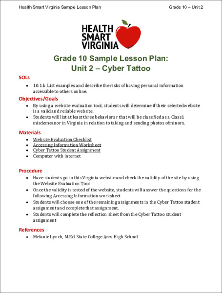 Cyber Tattoo Lesson Plan