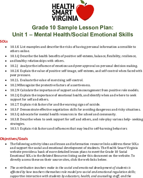 Mental Health/Social Emotional Skills Lesson Plan