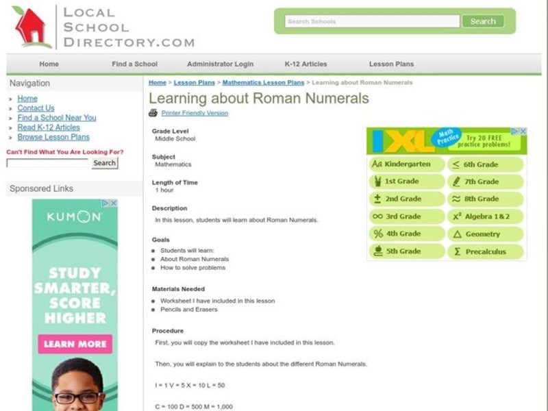 Learning About Roman Numerals Lesson Plan