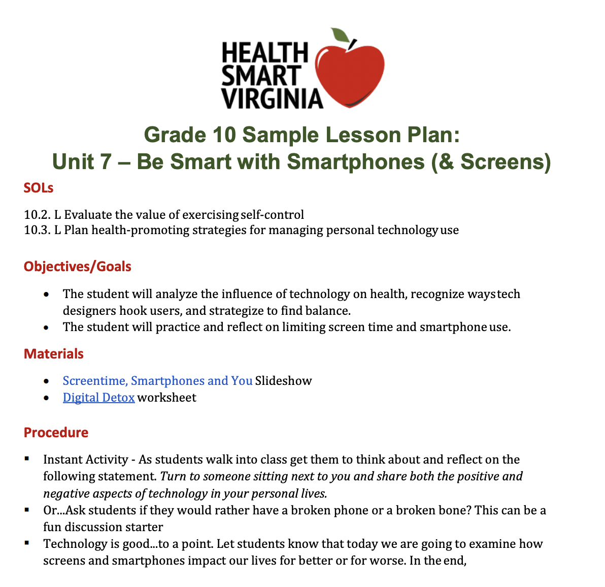 Be Smart with Smartphones (and Screens) Lesson Plan