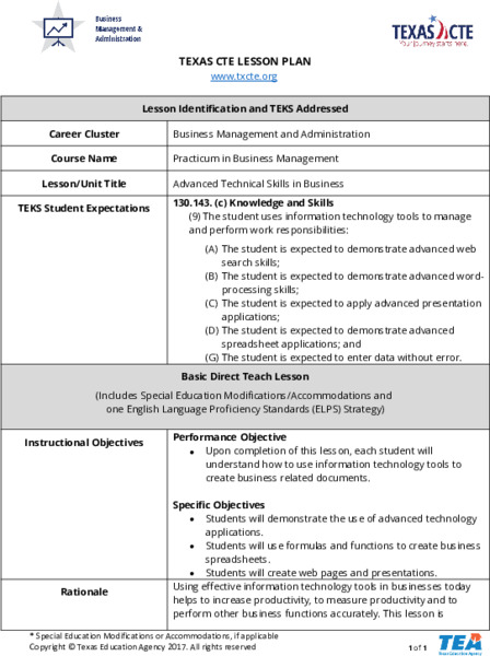 Advanced Technical Skills in Business Lesson Plan