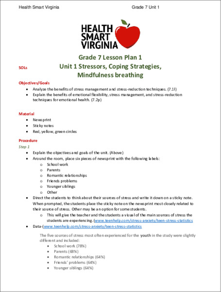 Stressors, Coping Strategies, Mindfulness breathing Lesson Plan