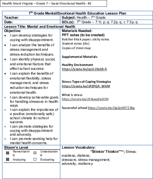 Mental and Emotional Health Lesson Plan