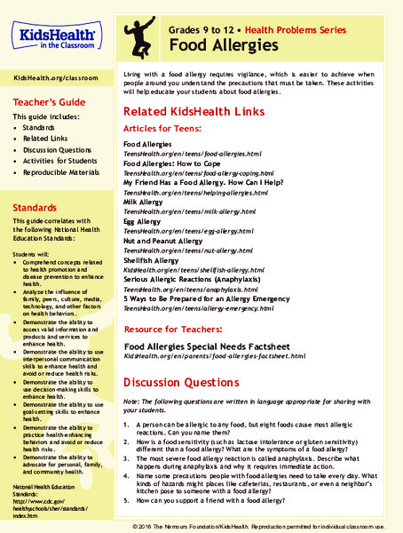Food Allergies: Grades 9-12 Lesson Plan