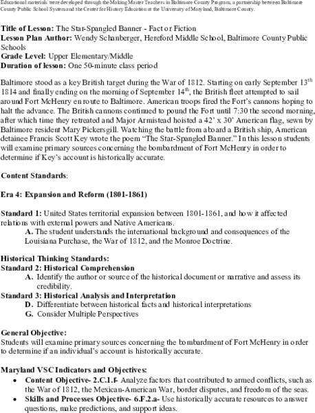 The Star-Spangled Banner: Fact or Fiction? Lesson Plan