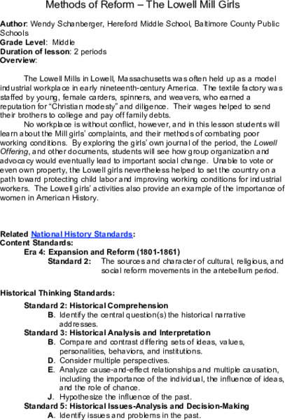 Methods of Reform: The Lowell Mill Girls Lesson Plan