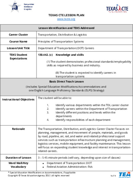 Careers in Department of Transportation Lesson Plan