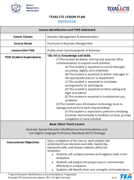 Professional Communications in Business Lesson Plan