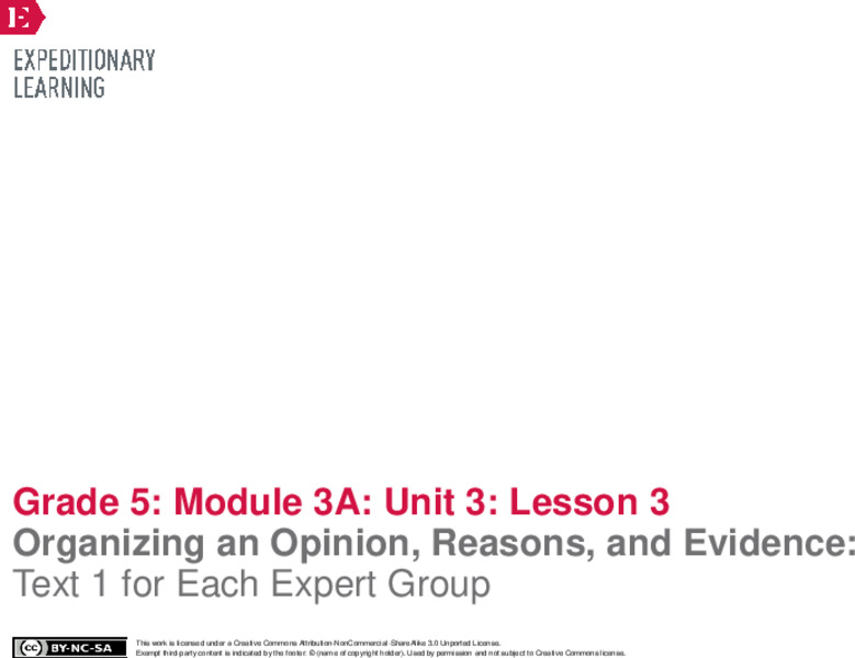 Organizing an Opinion, Reasons, and Evidence: Text 1 for Each Expert Group Lesson Plan