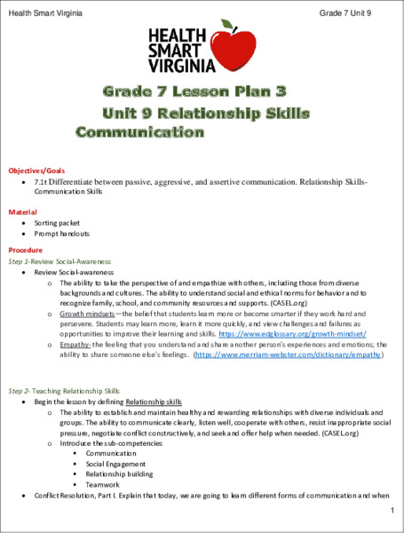 Relationship Skills and Communication Lesson Plan