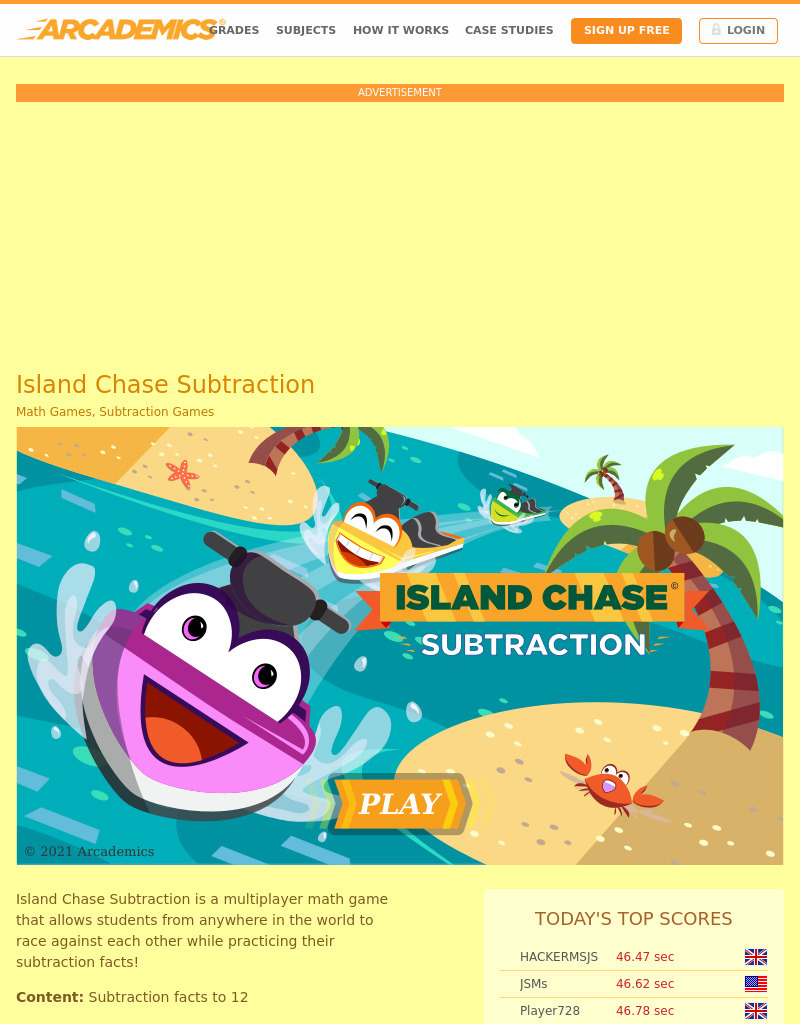 Island Chase Subtraction Interactive