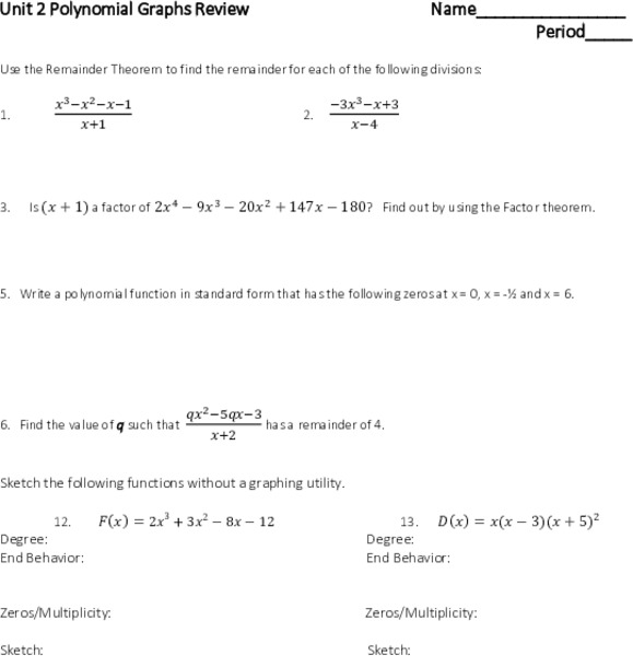 Unit 2 Review: Polynomial Functions Worksheet