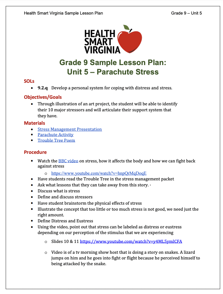 Parachute Stress Lesson Plan